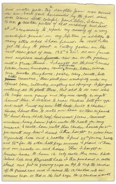 Moe Howard's Handwritten Manuscript Page When Writing His Autobiography -- Moe Describes Planting a WWII Victory Garden & Building a Large Chicken Coop on His Property --  Single 8'' x 12.5'' Page